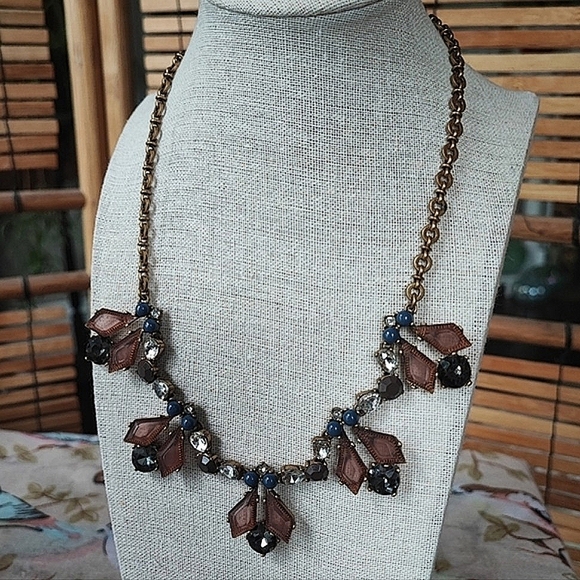 J. Crew Art Deco Revival Oxidized Brass Statement Necklace Lifesaver Clasp EUC - Picture 2 of 11